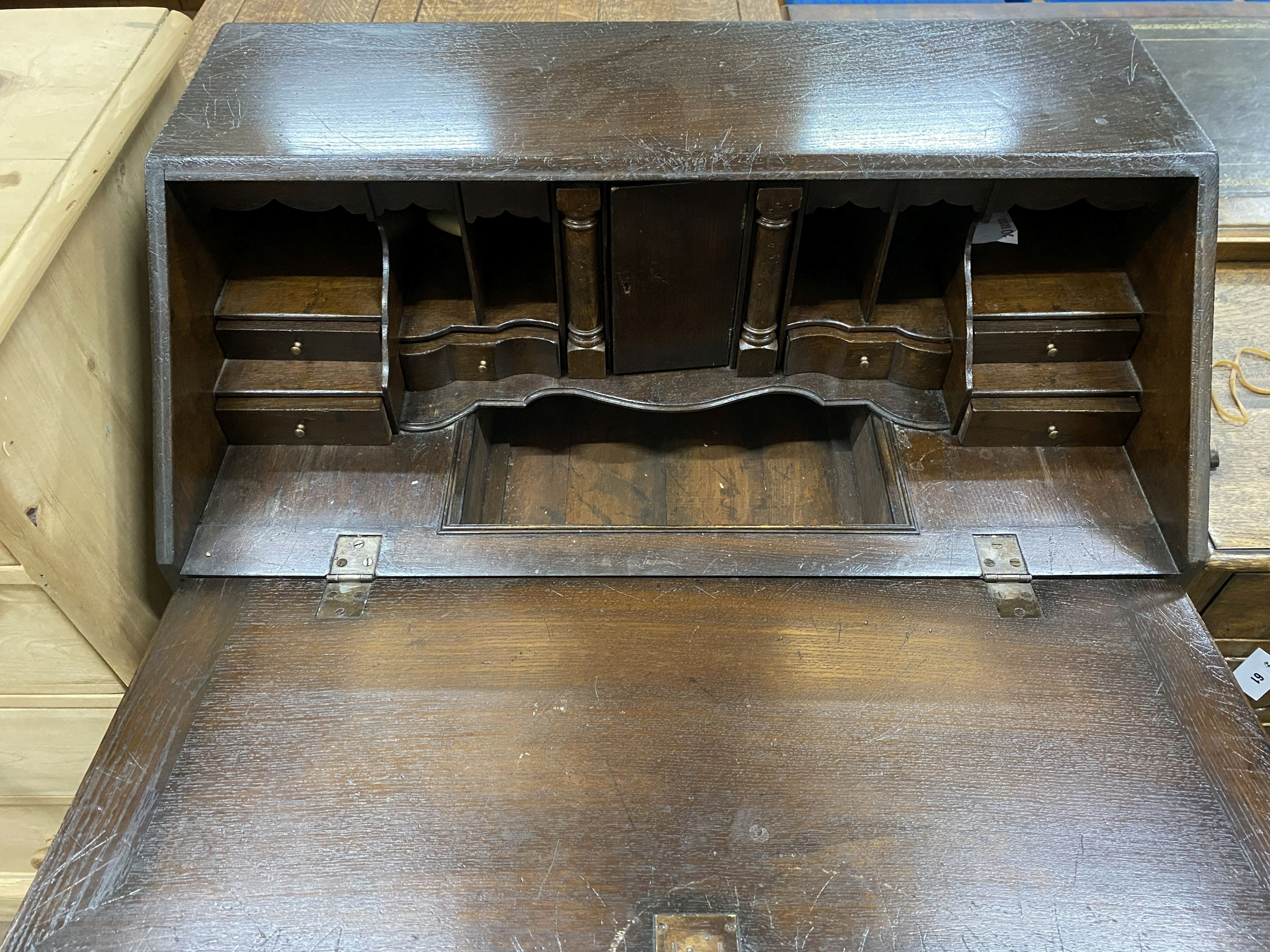 A late 18th century oak bureau, width 89cm, depth 50cm, height 102cm